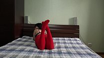 Foot Fetish In Red Tights And Fingering Hairy Cunt To Orgasm. Girl Lures With Her Legs And Juicy Ass.