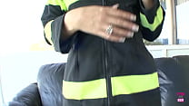 A Blonde Woman Disguised As A Fireman Is Engaged In Sexual Activity From Behind In A Doggy Style Position