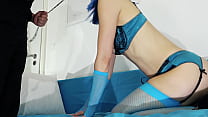 Wearing My Blue Lingerie, Stockings & High Heels While I Swallow His Cock Deepthroat. My Sexy Cat Girl Anal Plug With Tail & Cat Ears Matches My Blue Hair. In The End I Cant Hold My Pee Anymore