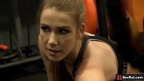 Blonde Babe Is Teasing A Guy In The Gym.She Lets Him Touch Her Small Tits And Kiss Her.The Petite Czech Babe Deepthroats Him Before Getting Ass Fucked