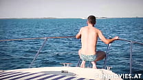 Tanned European Hottie Gina Getting Fucked And Facialized By Two Guys On A Boat